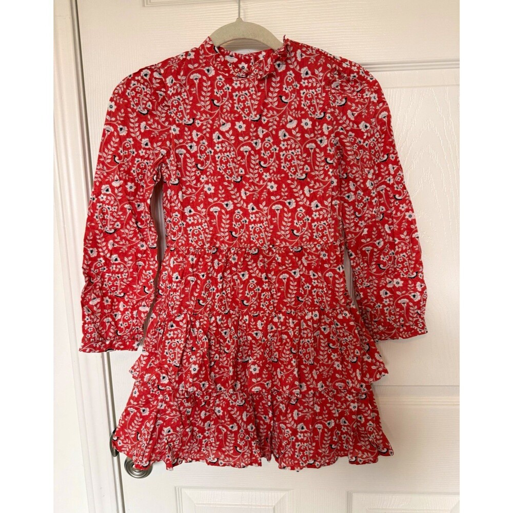 Janie and Jack Girls Red/White Floral A-Line Long Sleeve Ruffle Dress 10